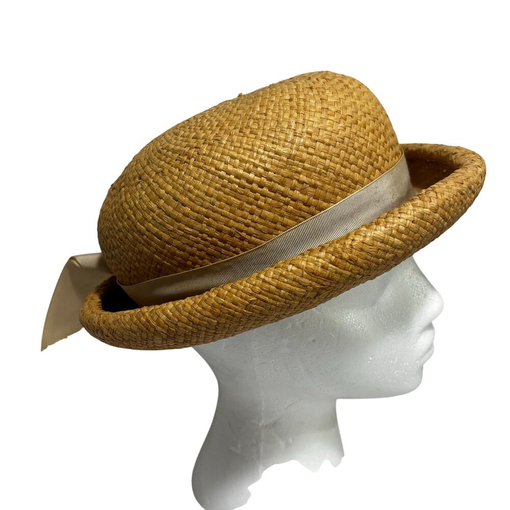 Vintage 1920's rolled brim ladies straw hat grosgrain ribbon hatband w/ FLAWS - Picture 2 of 9